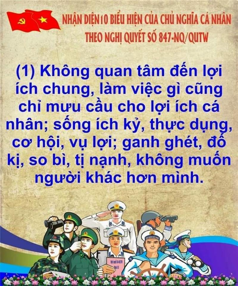 Biểu hiện thứ 1 biểu hiện của chủ nghĩa cá nhân theo Nghị quyết số 847-NQ/QUTW