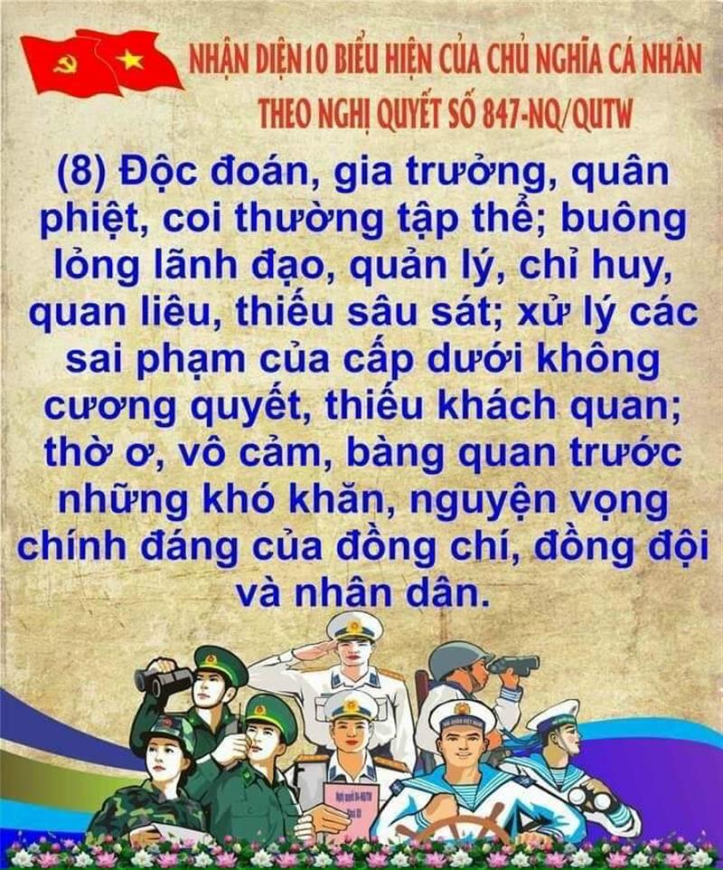 Biểu hiện thứ 8 biểu hiện của chủ nghĩa cá nhân theo Nghị quyết số 847-NQ/QUTW