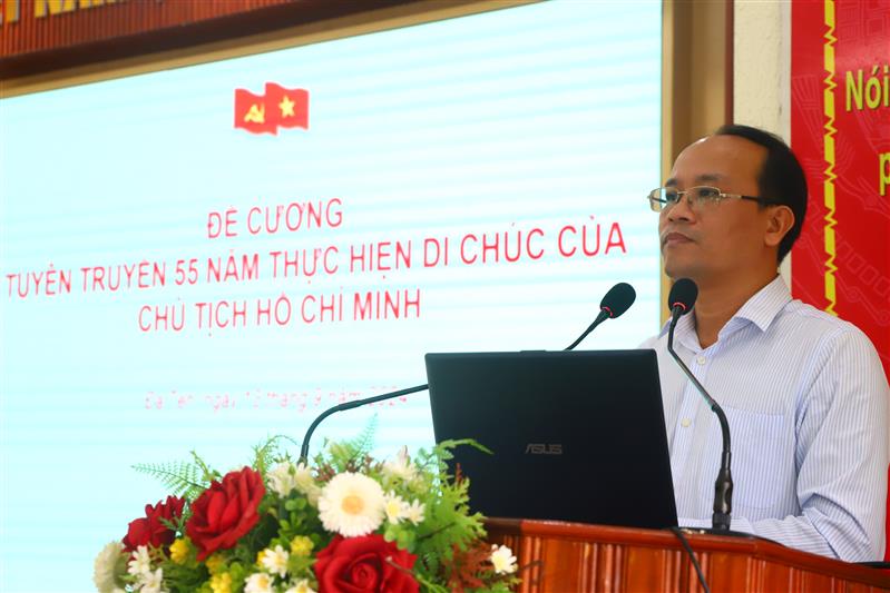 Hồ Quốc Phong, Trưởng Ban Tuyên giáo Huyện ủy thông qua đề cương tuyên truyền kỷ niệm 55 năm thực hiện Di chúc của Chủ tịch Hồ Chí Minh (1969 – 2024) gắn với Đợt thi đua cao điểm “Đảng bộ, chính quyền, quân và dân huyện Đạ Tẻh đoàn kết, quyết tâm vượt qua khó khăn, vươn lên cùng đất nước” và định hướng công tác tuyên truyền trong thời gian tới.