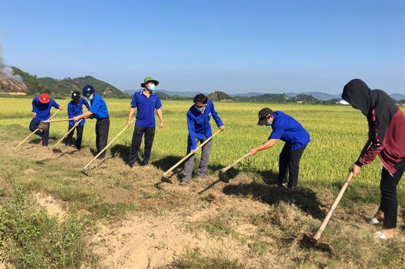 Đoàn viên, thanh niên thi công đường giao thông nội đồng tại Thôn 2 (xã Triệu Hải)